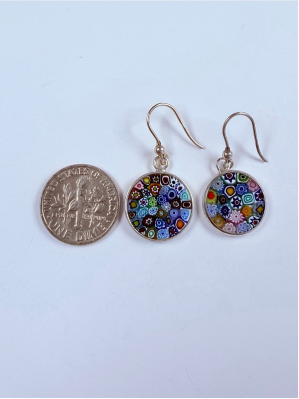 Venetian Murano Glass Millefiori 925 Sterling Silver Dangle Disc Earrings Italy - Picture 6 of 7